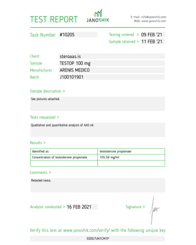Arenis Medico Testop Testosterone Propionate 100mg/ml x 10 amp/pack