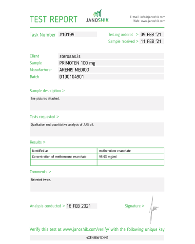 Arenis Medico Primoten Methenolone Enanthate 100mg/ml x 10 amp/pack