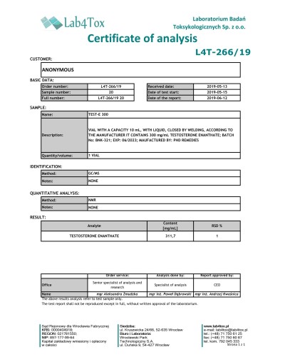 PHD Remedies TEST-E 300 (testosterone enanthate, 300mg/ml) 10ml/vial