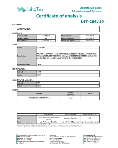 PHD Remedies TEST-P 125 (testosterone propionate, 125mg/ml) 10ml/vial