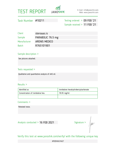 Arenis Medico Parabolic Trenbolone Hexahydrobenzylcarbonate 76,5mg/ml x 10 amp/pack