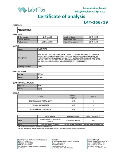 PHD Remedies MULTI RAPID (Drosten. prop 50mg/ml + testosterone prop 50mg/ml + trenbolone ace 50mg/ml, total 150mg/ml) 10ml/vial