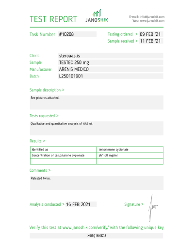 Arenis Medico Testec Testosterone Cypionate 250mg/ml x 10ml vial